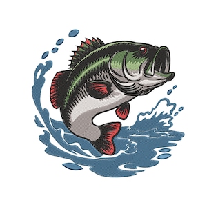 May include: An embroidered design of a largemouth bass leaping out of blue water. The fish has a green and black striped back, red fins, and a white belly. The design is on a white background.