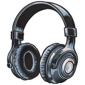 May include: A pair of black and blue headphones with large earcups. The headphones have a padded headband and a microphone.