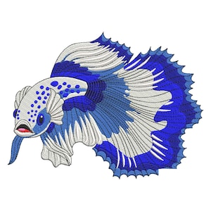May include: Embroidered image of a Siamese fighting fish, featuring a detailed design in shades of blue, white, and gray. The fish has a ruffled fin and a detailed face with blue eyes and a red mouth. The image is set against a white background.