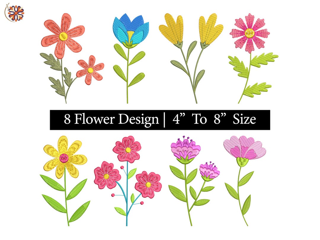 Floral Embroidery Design Bundle | 8 Flower Designs | 4”–8” Sizes ...