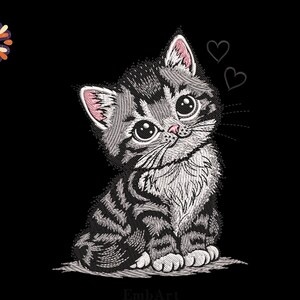 May include: An embroidered design of a cute kitten with big eyes, pink ears, and a pink nose. The kitten is grey and white with black stripes, and two hearts float above its head. The background is black.