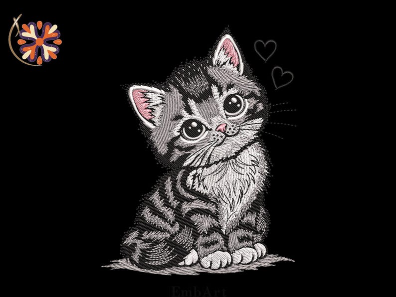 May include: An embroidered design of a cute kitten with big eyes, pink ears, and a pink nose. The kitten is grey and white with black stripes, and two hearts float above its head. The background is black.