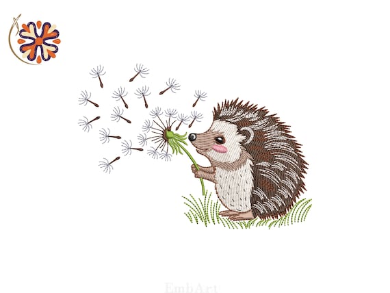 Cute Hedgehog with Dandelion Embroidery Design | Animal Machine Embroidery File | Instant Download