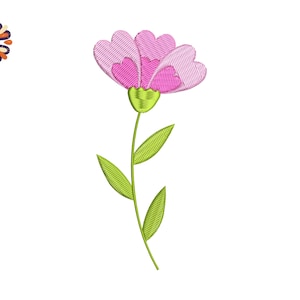 May include: Embroidered flower design featuring a pink flower with a green stem and leaves. The flower has multiple layers of petals, and the leaves are long and slender. The design is on a white background.