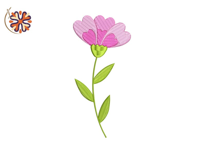 May include: Embroidered flower design featuring a pink flower with a green stem and leaves. The flower has multiple layers of petals, and the leaves are long and slender. The design is on a white background.