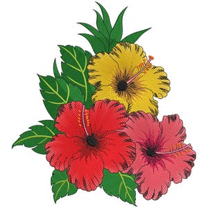 May include: An embroidered design of three hibiscus flowers in red, yellow, and pink. The flowers have detailed stitching and dark centres. Green leaves and stems are also included in the floral arrangement.