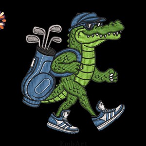 May include: Embroidered image of a green alligator wearing sunglasses and a blue cap, carrying a golf bag with golf clubs. The alligator is wearing blue and white sneakers and walking on a black background.