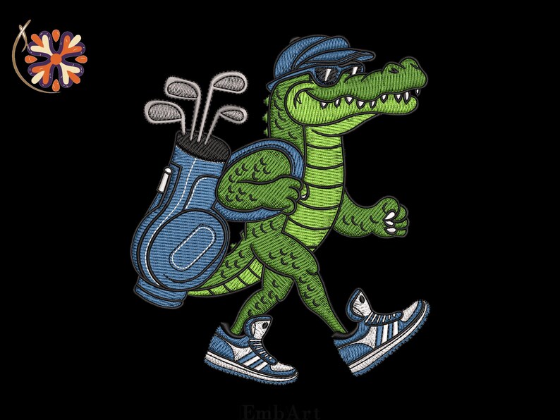 May include: Embroidered image of a green alligator wearing sunglasses and a blue cap, carrying a golf bag with golf clubs. The alligator is wearing blue and white sneakers and walking on a black background.