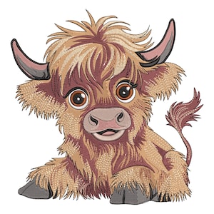 Highland Cow Embroidery Design, Cute Baby Bull Machine Embroidery File, Farm Animal Cartoon Pattern
