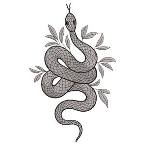 Może przedstawiać: Czarno-biały rysunek węża owiniętego wokół gałęzi z liśćmi. Wąż jest zwinięty, a głowa skierowana do góry.