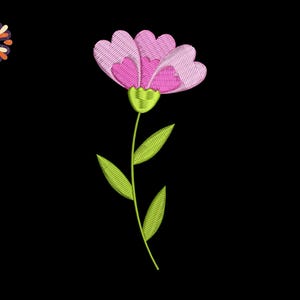 May include: Embroidered flower design featuring a pink flower with a green stem and leaves. The flower has multiple petals with a darker pink center. The leaves and stem are green. The background is black. A small, decorative floral design is in the upper left corner.