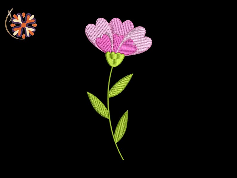 May include: Embroidered flower design featuring a pink flower with a green stem and leaves. The flower has multiple petals with a darker pink center. The leaves and stem are green. The background is black. A small, decorative floral design is in the upper left corner.