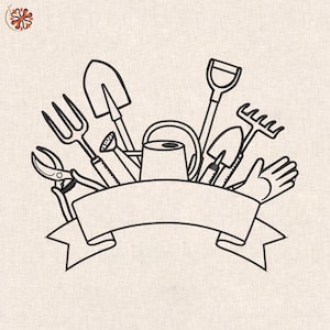May include: An embroidered design featuring various gardening tools, including a shovel, rake, and pruning shears, arranged around a blank banner. The tools are outlined in black against a beige background, suggesting a theme of gardening or outdoor activities.