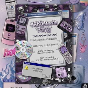 May include: A Y2K-themed costume party invitation featuring a digital interface design with purple accents, skulls, and bats. The text reads Y2Kostume Party, Let's party like it's the 2000s!, Friday, Oct 31st at 9:00 PM, The Haunted Mansion, and RSVP: Txt Sarah.