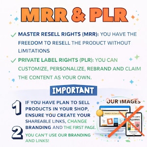 以下が含まれることがあります： オレンジと青色のプロモーション用グラフィックで、マスターリセール権（MRR）とプライベートラベル権（PLR）について説明しています。共有可能なリンクの作成など、製品の販売に関する手順が記載されています。ラップトップと携帯電話には赤い「X」印がついています。