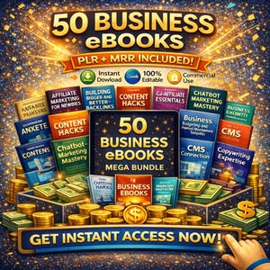 Puede incluir: Imagen promocional de un paquete de libros electrónicos de negocios. La imagen presenta una colección de 50 libros electrónicos con títulos como "Marketing de afiliados para principiantes" y "Content Hacks". También hay monedas de oro y montones de efectivo, con el texto "Get Instant Access Now!"
