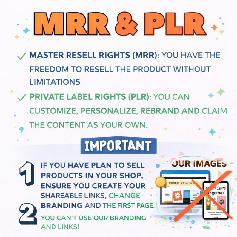 May include: A graphic with the text "MRR & PLR" in orange. It explains Master Resell Rights (MRR) and Private Label Rights (PLR). It also includes instructions about selling products and using shareable links. A laptop and phone are shown with a red "X" over them.