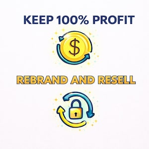 以下が含まれることがあります： 「KEEP 100% PROFIT」の文字と、ドル記号と矢印が付いた金貨の画像。 下には「REBRAND AND RESELL」の文字と、矢印が付いた南京錠のアイコンがあります。 背景は白です。