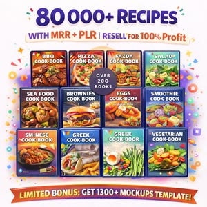 Puede incluir: Imagen promocional de libros de cocina con títulos como BBQ, Pizza y Vegetariana. El texto "80000+ RECIPES" y "RESELL FOR 100% Profit" es visible. La imagen también menciona "Más de 200 libros" y una oferta de bonificación de maquetas.