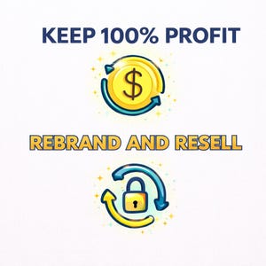 May include: An image with the text "KEEP 100% PROFIT" above a graphic of a dollar sign inside a circle with arrows. Below, the text "REBRAND AND RESELL" is above a lock icon within a similar circular arrow design.