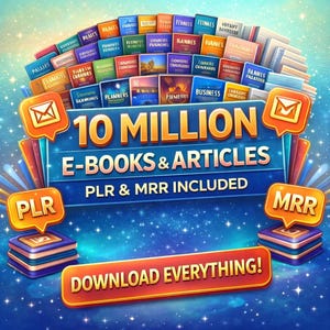Könnte beinhalten: Eine digitale Grafik, die 10 Millionen E-Books und Artikel bewirbt, mit dem Text "PLR & MRR INKLUSIVE". Das Bild zeigt einen Stapel bunter Buchcover und Sprechblasen mit E-Mail-Symbolen. Der Satz "LADEN SIE ALLES HERUNTER!" wird ebenfalls angezeigt.