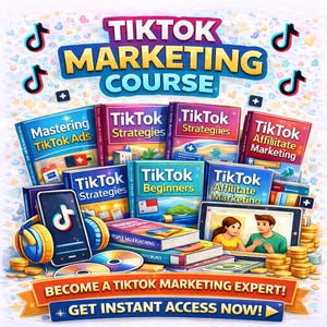 May include: An illustration promoting a TikTok marketing course. The image features several books with titles like "TikTok Strategies" and "TikTok Beginners," along with a smartphone, tablet, and headphones. The text reads "TikTok Marketing Course" and "Become a TikTok Marketing Expert!"