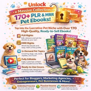 以下が含まれることがあります： 170以上のPLR＆MRRペット電子書籍のコレクションを宣伝する広告。犬、猫、その他のペットのイラスト、本、ラップトップ、現金が描かれています。ブロガーや起業家向けの主な機能と利点をテキストで強調しています。