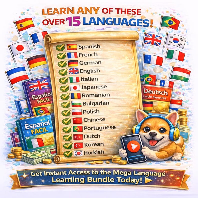 May include: An illustrated advertisement promoting language learning. The image features a scroll listing over 15 languages, flags, books, and a cartoon dog wearing headphones. Text reads "Learn Any of These Over 15 Languages!" and "Get Instant Access to the Mega Language Learning Bundle Today!"