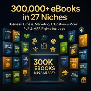 Può includere: Grafica digitale che promuove oltre 300.000 eBook in 27 nicchie, tra cui business e marketing. L'immagine mostra un laptop con "300K EBOOKS MEGA LIBRARY" e icone di varie categorie.