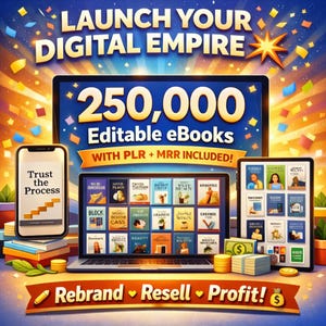 Può includere: Un'immagine di marketing digitale con il testo "LAUNCH YOUR DIGITAL EMPIRE" e "250.000 eBook modificabili CON PLR + MRR INCLUSI!". L'immagine include un laptop, un tablet e uno smartphone con il testo "Trust the Process".