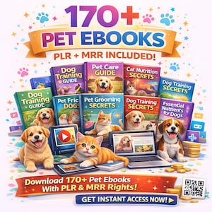 以下が含まれることがあります： ペットの電子書籍のプロモーション画像。画像には、「Dog Training Guide」や「Cat Nutrition Secrets」などのタイトルが付いたいくつかの本の表紙が掲載されています。子犬や子猫もラップトップやタブレットと一緒に表示されています。テキストは「170+ Pet Ebooks」と「Download 170+ Pet Ebooks」です。
