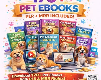 May include: A promotional image for pet ebooks. The image features several book covers with titles like "Dog Training Guide" and "Cat Nutrition Secrets." Puppies and kittens are also shown with laptops and tablets. The text reads "170+ Pet Ebooks" and "Download 170+ Pet Ebooks."