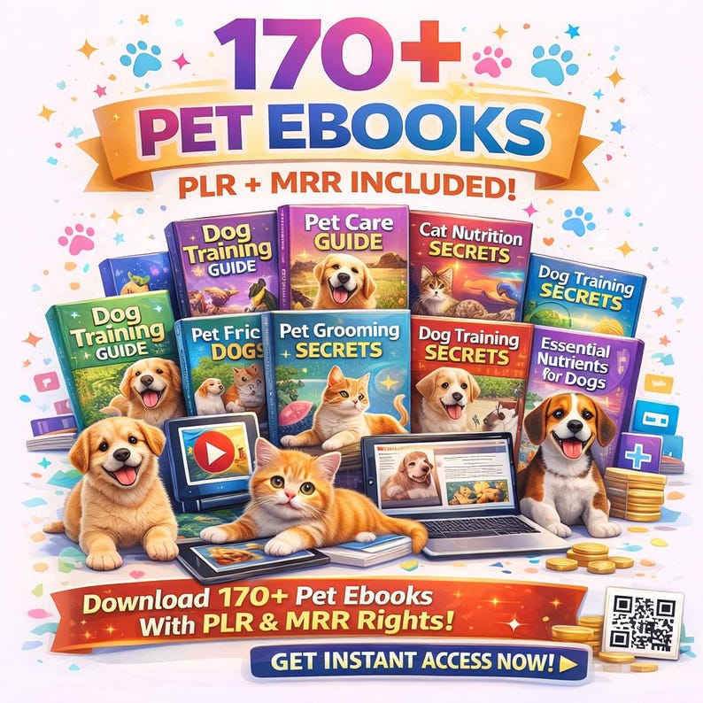 以下が含まれることがあります： ペットの電子書籍のプロモーション画像。画像には、「Dog Training Guide」や「Cat Nutrition Secrets」などのタイトルが付いたいくつかの本の表紙が掲載されています。子犬や子猫もラップトップやタブレットと一緒に表示されています。テキストは「170+ Pet Ebooks」と「Download 170+ Pet Ebooks」です。