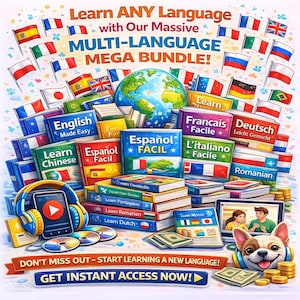 以下が含まれることがあります： 多言語学習バンドルを宣伝するカラフルなグラフィック。画像には、言語学習の本の山、地球儀、さまざまな国の旗、ヘッドフォンをつけた漫画の犬が描かれています。「Learn ANY Language」と「Get Instant Access Now!」というテキストが含まれています。