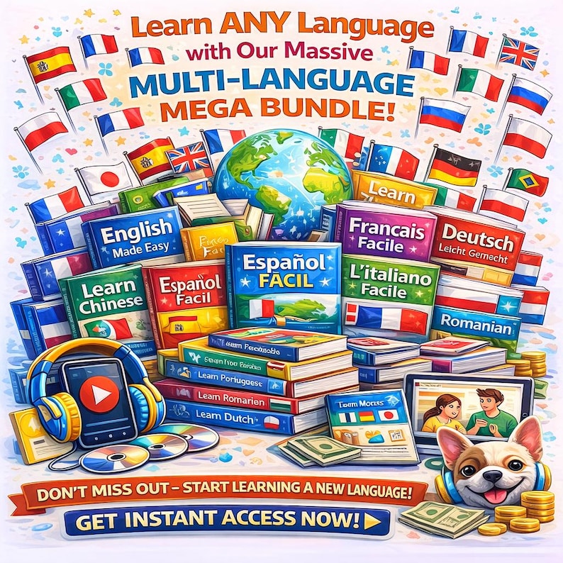 May include: A colorful graphic promoting a multi-language learning bundle. The image features stacks of language learning books, a globe, flags from various countries, and a cartoon dog wearing headphones. Text includes "Learn ANY Language" and "Get Instant Access Now!"