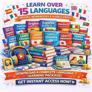 May include: Colorful image promoting language learning. Text reads "Learn Over 15 Languages" with various language learning books, audio guides, and a tablet. Includes flags and the text "Download a Complete Language Learning Package! Get Instant Access Now!"