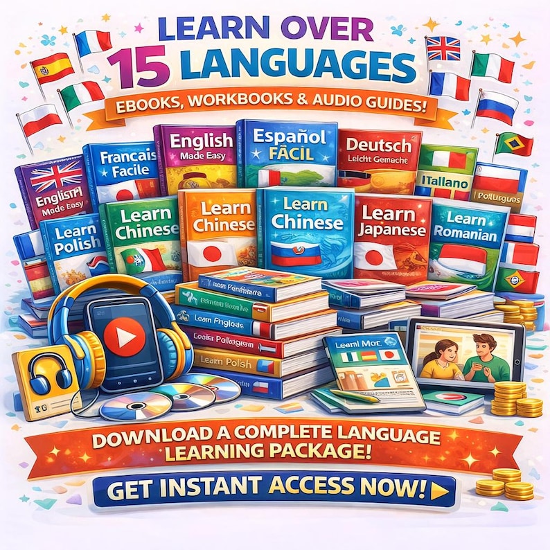 May include: Colorful image promoting language learning. Text reads "Learn Over 15 Languages" with various language learning books, audio guides, and a tablet. Includes flags and the text "Download a Complete Language Learning Package! Get Instant Access Now!"