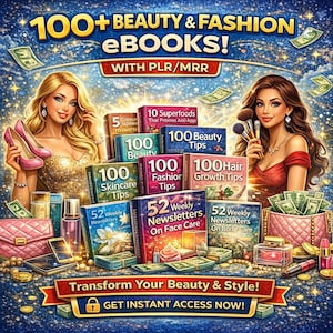 Puede incluir: Anuncio ilustrado de eBooks de belleza y moda. La imagen presenta a dos mujeres, pilas de libros y productos de belleza. El texto incluye "100+ BEAUTY & FASHION eBooks!" y "¡Transforma tu belleza y estilo!"