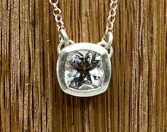 Large 8mm white Topaz Cushion cut Sterling Silver Chunky Pendant. November birthstone, gift for her, wedding jewellery, statement, Luxury.