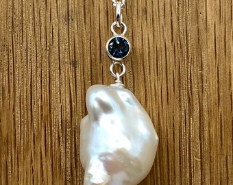 Sterling silver freshwater cultured Baroque pearl and London Blue Topaz pendant. Handmade organic necklace, wedding, gift for her, everyday.