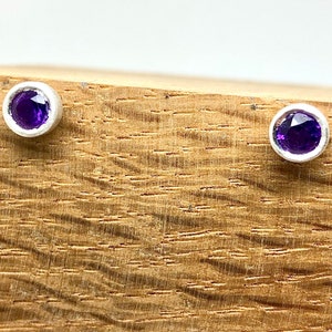May include: A pair of silver stud earrings with small, round, purple gemstones.