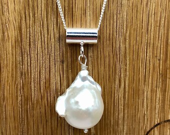 Sterling silver freshwater cultured Baroque pearl and Bar Bail pendant. Handmade organic necklace, wedding, gift for her, everyday, special.