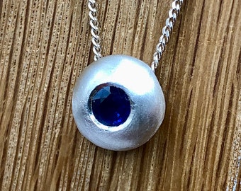 Blue Sapphire and Sterling Silver Donut Pendant. Handmade necklace, Birthstone, small sapphire pendant, Mothers Day necklace, gift for her.