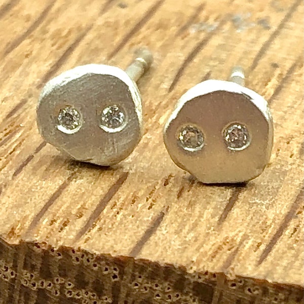 9ct solid raw White Gold Diamond Minimalist Stud Earrings. Small white Gold Studs, gift for her, unisex studs, Contemporary earrings.