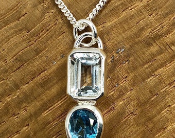 Emerald cut White and Pear cut Swiss Blue Topaz Sterling Silver Pendant. birthstone, gift for her, wedding, statement necklace, luxury.