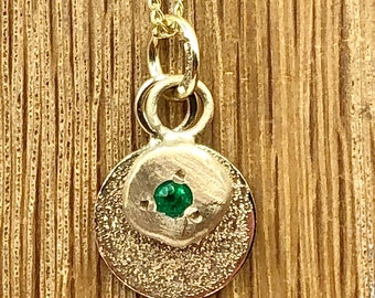 2mm Emerald solid yellow gold Pendant. Small Gold sparkle necklace, gift for her, unisex, Contemporary, luxury gift, easter emerald.