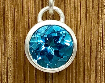 8mm Swiss Blue Topaz  Sterling Silver Pendant. Handmade November birthstone, gift for her, wedding jewellery, statement necklace, luxury.