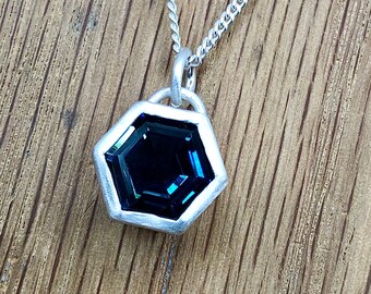 Large 8mm London Blue Topaz Hexagon Sterling Silver Chunky Pendant. November birthstone, gift for her, wedding jewellery, statement, Luxury.