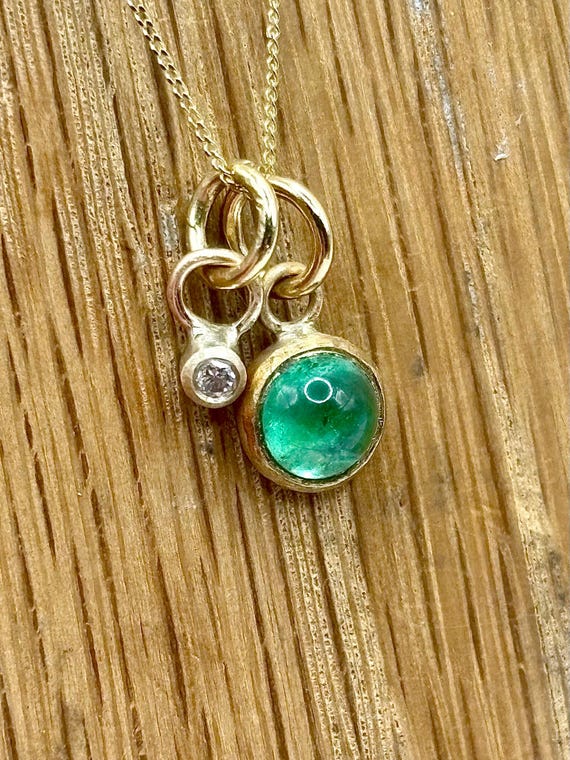 5mm Emerald just under 2mm Diamond Gold Pendant. Cabochon Emerald, Handmade Organic May Birthstone, gift for her, special, Luxury necklace.