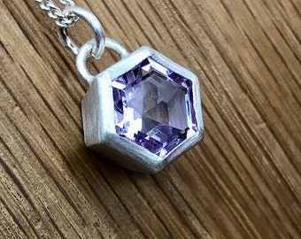 Large 8mm Purple Amethyst Hexagon Sterling Silver Chunky Pendant. Feb birthstone, gift for her, wedding jewellery, statement, Luxury.